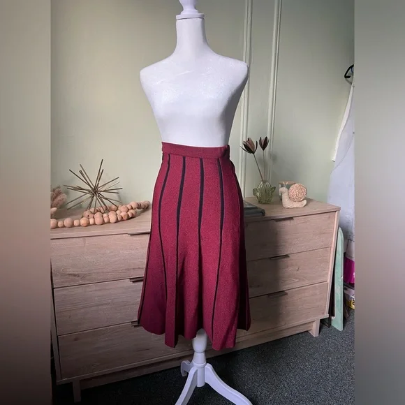 Maroon Black Pleated High-Waist Sweater Stretch Modest Midi Knee-Length Skirt S - Picture 13 of 16